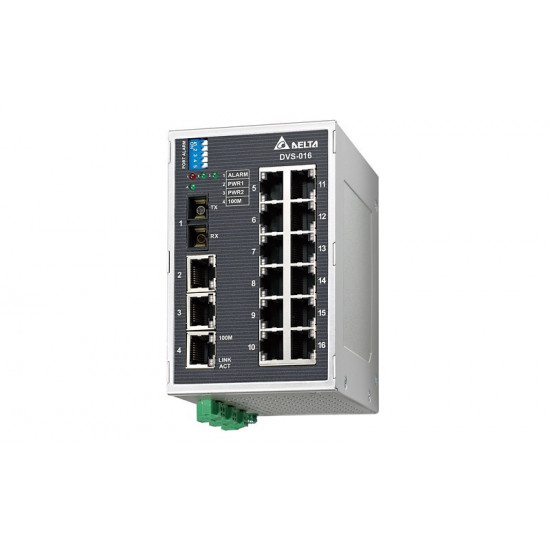 Switch - 16x port 100Mbit Ethernet,1x optikai port MM, 1x Relé kim.,Táp 12~48VDC
