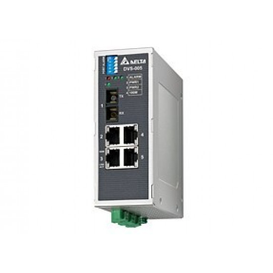 Switch - 5x port 100Mbit Ethernet, 1x optikai port MM, 1x Relé kim.,Táp 12~48VDC