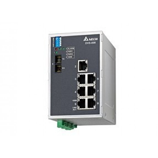 Switch - 8x port 100Mbit Ethernet, 1x optikai port SM, 1x Relé kim.,Táp 12~48VDC