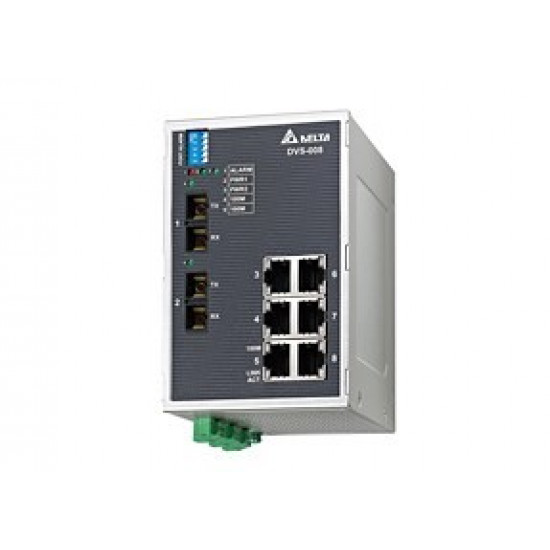 Switch - 8x port 100Mbit Ethernet, 2x optikai port SM, 1x Relé kim.,Táp 12~48VDC